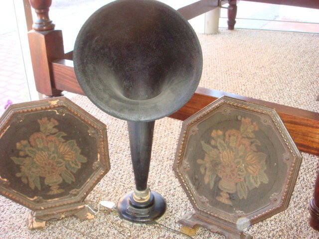 Three Vintage RCA Radiola Radio Speakers:: Three Vintage RCA Radiola Radio Speakers: Pair of Model 103 Octagonal Wood Framed Speakers with Flowerpot Tapestry Covers. 15 1/2"T. Age Wear. Radiola Land Horn Shaped Speaker is 25 1/4"T. (60-80)