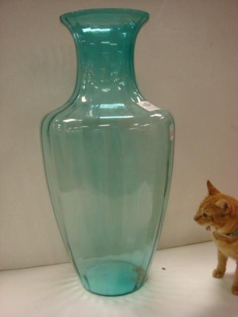 Mouth Blown PILGRIM GLASS Masterwork Collection Va: Mouth Blown PILGRIM GLASS Masterwork Collection Vase: Paneled Green Floor Vase is 31 1/4"T. Polished Rim. Has Original Label. Made in West Virginia. (100-150)