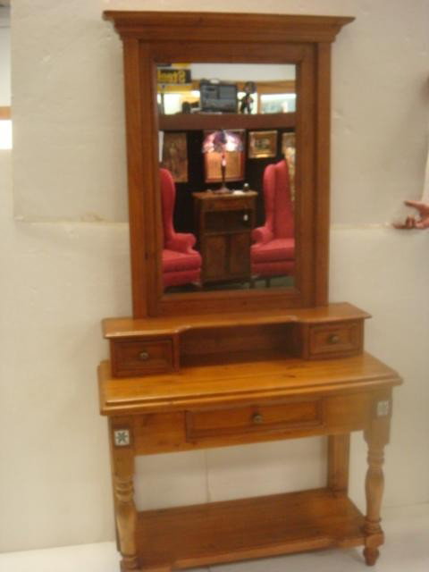 Heart Pine Hall Table with Mirror:: Heart Pine Hall Table with Mirror: Southern Yellow Pine 2 Piece Mirror with Single Drawer in Base Having Decorative Tile Accents on Corners. Top Has 2 Incidental Drawers Flanking 28" x 36" Mirror. (10
