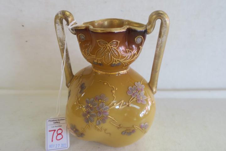 Victorian Caramel Glass Hand Painted Handled Vase:: Victorian Caramel Glass Hand Painted Handled Vase: Made in the Manner of Plated Amberina Except the Color Shades from a Light Toffee to a Darker Caramel at the Top. Applied Clear Handles with Brushed 