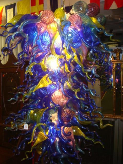 ROBERT KUSTER Belle Mead Chihuly Style Chandelier:: ROBERT KUSTER Belle Mead Chihuly Style Chandelier: Glass master Created Original Work of 300 Glass Pieces of Aqua, Cobalt, Amethyst and Lime "Pods, Horns and Gourds". Inspired by Nature, Functional an