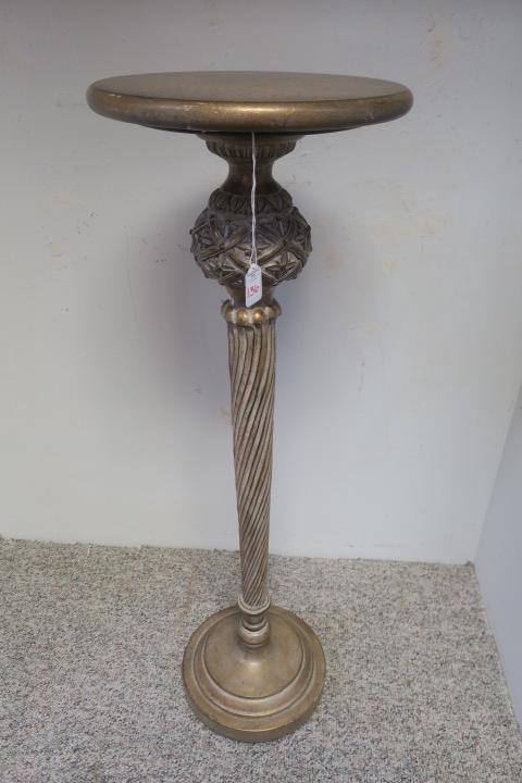 Molded Resin Pedestal Plant Stand:: Molded Resin Pedestal Plant Stand: Round Top Measures 13" Diameter. Piece is Gold with Cream Colored Veins. Spiral Column Goes From Hatched Pattern Compressed Ball Shape at Crown to Round Step Plinth 