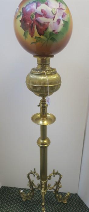 Gone with the Wind Hand painted Brass Oil Floor Lamp:: Gone with the Wind Hand painted Brass Oil Floor Lamp: Floral Ball Globe with Ribbed Font and Reeded Connector Stem. Pierced Burner, Cap Marked Made in US of America. Drip Cup and Decorative Ball Stem.