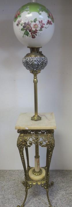 Antique Ornate Bradley & Hubbard Piano Floor Lamp:: Antique Ornate Bradley & Hubbard Piano Floor Lamp: Elegant Pierced Brass with Onyx Top. Under Top has Twist Support Column with Onyx Cylinder. Pierced Font Holder of Silver Metal has Figural Medallion