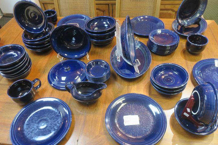 Set of Dark Blue FIESTA Dinnerware for Eight:: Set of Dark Blue FIESTA Dinnerware for Eight: Some with Impressed "Fiesta USA", Others Printed with Homer Laughlin. 8 Dinner Plates, 6 Plus 4 Soup Bowls, 4 Large Handled Gups, 8 Bread Plates, Two 14"