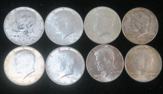 Eight 1964 90% Silver KENNEDY Half Dollars, MS 60:: Eight 1964 90% Silver KENNEDY Half Dollars, MS 60: 90% Pure Silver, Half Ounce Coins. Average Buying Price $12 Each. Starting Bid $60. (120-300)
