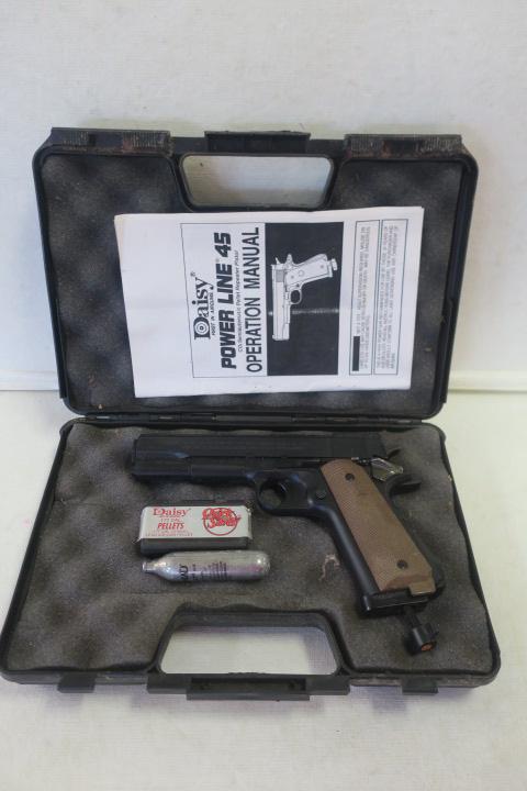 DAISY POWER LINE 45 CO2 SEMIATOMATIC PELLET PISTOL:: DAISY POWER LINE 45 CO2 SEMIATOMATIC PELLET PISTOL: CA 1955, Game master Model GMG102D With Case, Instructions, Box of .177 Cal. Pellets and CO2 Cartridge. (50-150)