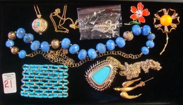 HATTIE CARNEGIE, BELLINI, GERRY & Signed Jewelry:: HATTIE CARNEGIE, BELLINI, GERRY & Signed Jewelry: Group Includes 2 Carnegie Brooches, Gerry & Bellini Brooches; Plus Sterling Pill Box Souixante Pendant, Turquoise Stretch Bracelet and Prong Set Penda