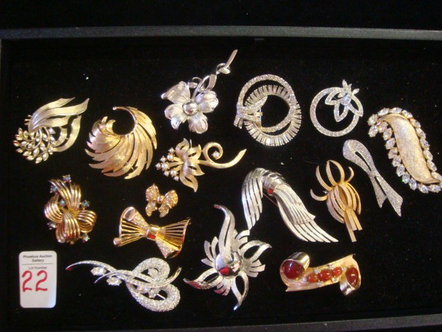 LISNER, GIVENCHY and LEDO Brooches:: LISNER, GIVENCHY and LEDO Brooches: Group Includes 11 Signed Ledo Brooches; Many with Rhinestones. 2 Signed Givenchy and 3 Signed Lisner. (80-140)