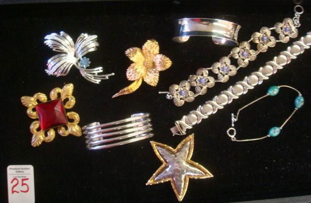 MIRIAM HASKELL, EMMONS, D'ORLAN & Sterling Jewelry: MIRIAM HASKELL, EMMONS, D'ORLAN & Sterling Jewelry: Includes Haskell, Emmons, D'Orlan and Rambaud Signed Brooches. Also 3 Sterling Bracelets, Floral Filigree Bracelet and Bead Bracelet. (100-150)