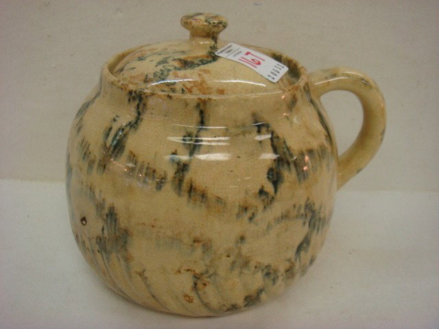 Spongeware Bean Pot with Lid:: Spongeware Bean Pot with Lid: Casserole has Raised Swirl Base, Single Handle, 7"T. Lid with Knob Handle. Some Crazing. (-)