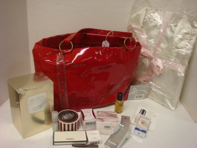 NEIMAN MARCUS Tote Bag with Lotions and Gifts:: NEIMAN MARCUS Tote Bag with Lotions and Gifts: Mercier Honey Bath Cream, Ultra Satin Pajamas (Large), Orlane, Cartier, Prairie, Jacobs and Malone Creams and Perfumes. (100-200)