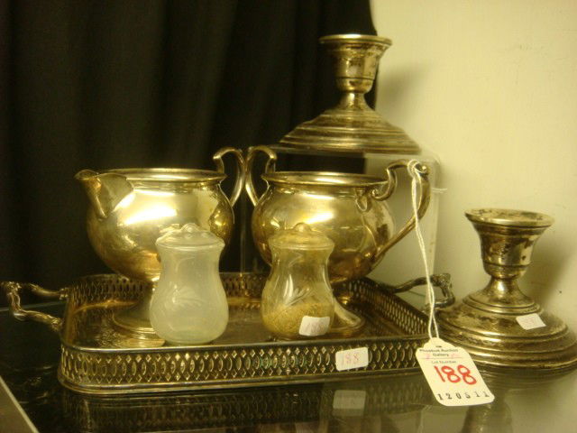 Sterling and Silver Plate Serving Pieces, Candlest: Sterling and Silver Plate Serving Pieces, Candlesticks: Sterling Silver Sugar and Creamer with Weighted Bases are 3 1/2"T. Etched Glass Salt & Pepper Shakers with Weighted Sterling Bases are 2 3/4"T.