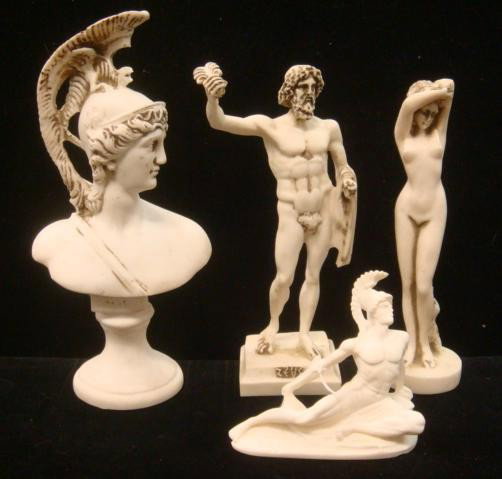 Four Composition Greek/Roman Statues:: Four Composition Greek/Roman Statues: Includes 4"T Achilles, 9"T Zeus, 10 1/2"T Mars Bust and 8 3/4"T Female Nude. White with Faux Aging. (60-90)