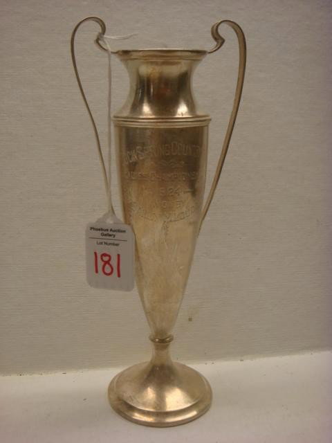 WEBSTER CO Sterling Silver 1924 Trophy:: WEBSTER CO Sterling Silver 1924 Trophy: Double Handled Trophy is 8 5/8"T. Engraved "Rock Spring Country Club, Ladies Championship, 1924, Won By Sally M. Loudon". Weighted Base. Some Dents. (100-200)