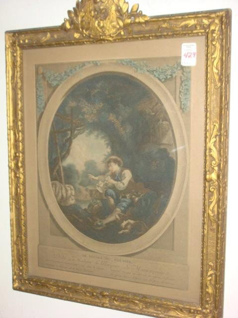 LE DEPART DU Courier Colored Engraving:: LE DEPART DU Courier Colored Engraving: After Francois Boucher 1703-1770. From Series of 4, Shepherd Sending Love Letter by Dove Dedicateo to the Montesquiou's Engraver Baumarlet. 18"X14" in 1 1/2" Ca