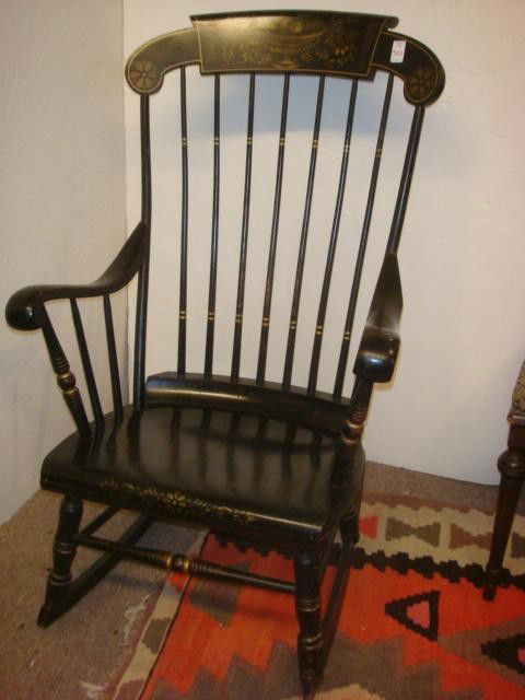 Fruit Stenciled Salem Rocking Chair: Fruit Stenciled Salem Rocking Chair: Spindle Back with Solid Seat, Rolled Arms. Fruitbowl Stecil Crest with Gold Painted Accents on Rungs. Narrow Rockers. (100-120)