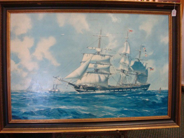 Black and Gilt Frame with Ship Print: Black and Gilt Frame with Ship Print: 3" Frame with 26" X 39" Opening. John Stobart Print. (40-60)