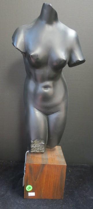 Torso of Black Venus Ceramic Statue:: Torso of Black Venus Ceramic Statue: 17" Tall Nude Female on 5" Wood Plinth. Classical Fragment of Sculpture, Crack on Back of Hip. (100-250)