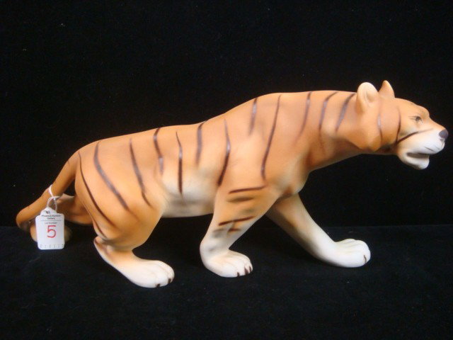 ROYAL DUX Porcelain Bengal Tiger:: ROYAL DUX Matte Glaze Porcelain Stalking Tiger: Tiger is 17"L, 7 1/2"T. Pink Triange and Stamped Made in Czech Republic, Hand Painted. R in Circle. Impressed 112. (100-200)