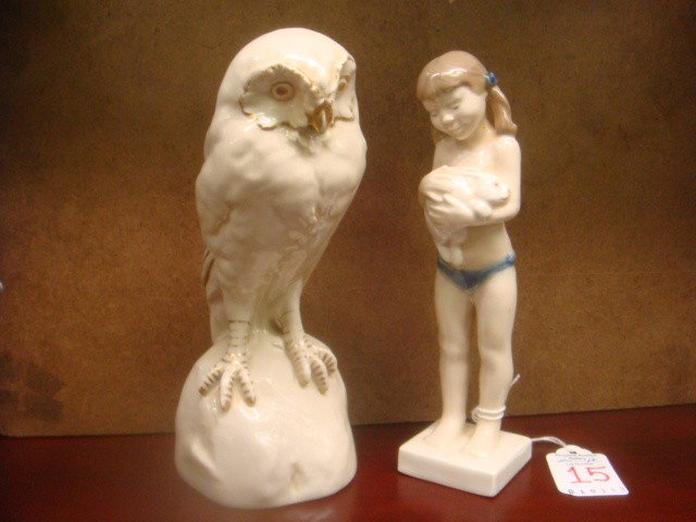 ROYAL DUX Owl and ROYAL COPENHAGEN Girl Figurines:: ROYAL DUX Owl and ROYAL COPENHAGEN Girl Figurines: Royal Dux Owl is 7 1/2"T. White with Gold Accents. Pink Triangle and Impressed 2916. Royal Copenhagen Girl with Bunny is 7"T. Crown Mark with Denmark