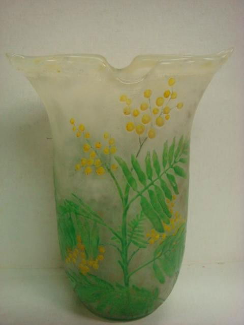 Rare DAUM NANCY French Cameo Vase: Rare DAUM NANCY French Cameo Vase: Cylindrical Form with Double Bird Beak Rim in Frosted Glass. Decorated with Green Stemmed Ferns and Yellow Budding Flowers. Signed in Cameo "Daum Nancy". 9 1/2"T. (2