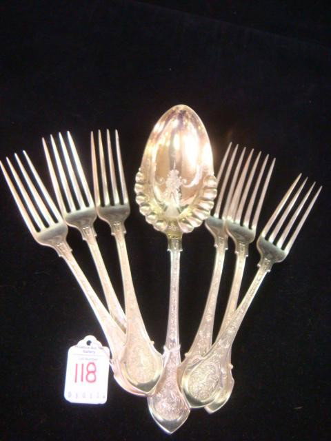 Wood & Hughes Angelo Sterling Serving Spoon and Fo: Wood & Hughes Angelo Sterling Serving Spoon and Forks: Serving Spoon has Engraved Gold Wash Bowl Front and Back. 9 1/4"L. Six Dinner Forks are 7 7/8"L. All have Engraved MLC on Back of Handle. Pat 187