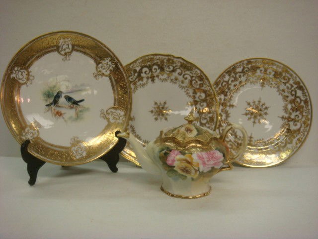 Hand Painted NIPPON Plaque, Plates, Noritake Plate: Hand Painted NIPPON Plaque, Plates, Noritake Plate: Hand Painted Blackbird Plaque with Ornate Gold Rim is 9"D. Green Maple Leaf Mark. Two Gold and White RC Nippon Plates, One with Blue, Other with Gre
