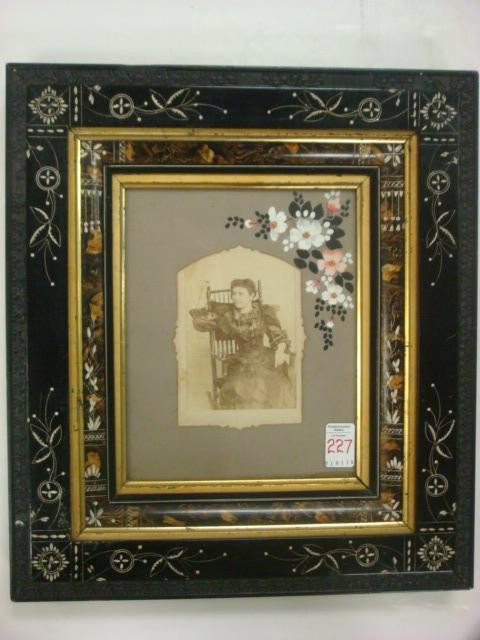 Vintage Incised Ebony and Gilt Shadowbox Frame: Vintage Incised Ebony and Gilt Shadowbox Frame: 4"W with 8" X 9 1/2" Opening. Carved Leaf and Geometrics on Outer Edge. Design Repeated on Variegated Brown and Black Liner, Each with Gilt Edge. Handpa