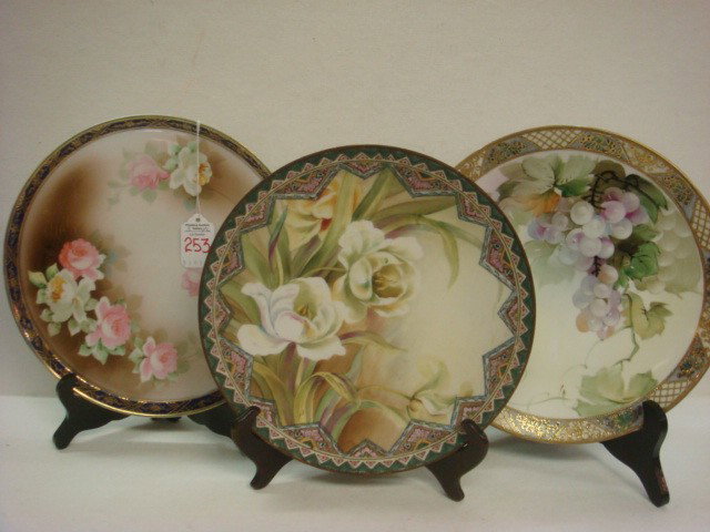 Two Hand Painted NIPPON Plates and Tray:: Two Hand Painted NIPPON Plates and Tray: Plate with Floral and Geometric Enameled Rim is 10"D. Blue M in Wreath Mark. Plate with Grapes and Heavy Gold Decorated Rim is 10 1/4"D. Blue Maple Leaf Mark. 