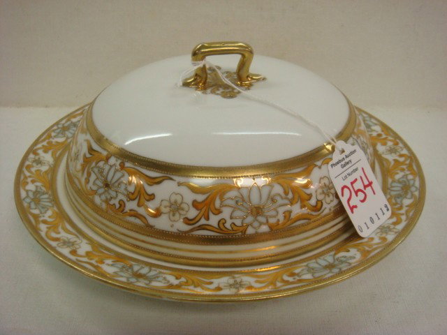 RC NIPPON Hand Painted Pancake Server:: RC NIPPON Hand Painted Pancake Server: Gold on White Two Piece Server is 9"D. Domed Lid has 2 Holes for Steam. Raised Gold Dot Accents. Red Hand Painted and Green RC Nippon Marks on Bottom. (100-200)