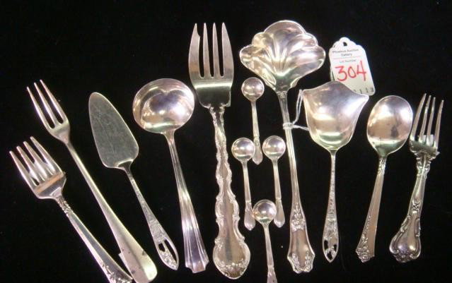 Sterling Silver Forks, Spoons, Ladles, 13 Pieces:: Sterling Silver Forks, Spoons, Ladles, 13 Pieces: Four F Whiting Troubadour Salt Spoons, Durgin Cream Ladle, Heirloom Damask Rose Childs Fork & Spoon, 2 Yellowstone Souvenir Pieces, Manchester Ladle, 