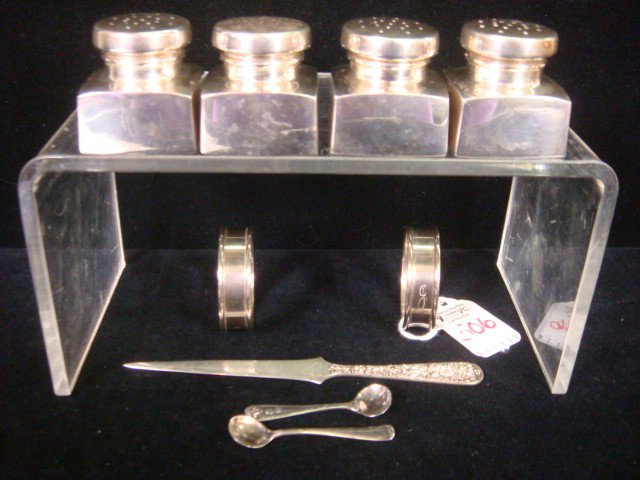 Sterling Silver Shakers, Napkin Rings, Salt Spoons: Sterling Silver Shakers, Napkin Rings, Salt Spoons: Four Square Salts are 1 1/2"T, 1 1/2" Square. Some Salt Damage on One Top. Marked B&M Sterling. Two Gorham Napkin Rings. Gorham and Watson Salt Spoo