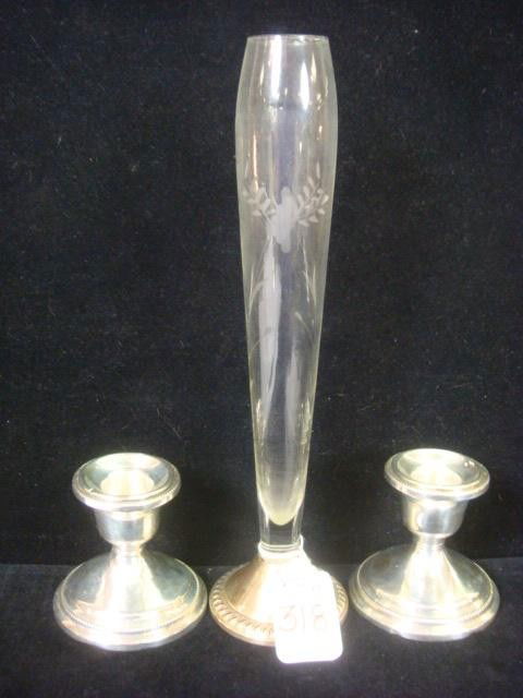 Sterling Silver Candlesticks, Sterling Foot Vase: Sterling Silver Candlesticks, Sterling Foot Vase: Duchin Sterling Footed Etched Glass Vase is 9 1/2"T. Weighted Foot. Pair of Weighted Base Candlesticks are 2 5/8"T. (100-150)