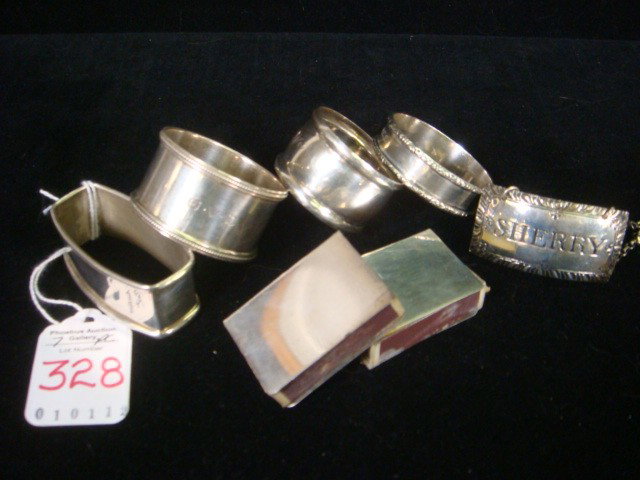 Sterling Silver Napkin Rings, Match Box Covers, Ta: Sterling Silver Napkin Rings, Match Box Covers, Tag: Watrous 1 15/16"W Ring, RLB 1"W Ring and 1/2"W Ring, Webster 7/8"W Ring. Pair of Match Box Covers. Stieff Williamsburg Reproduction Sherry Bottle T
