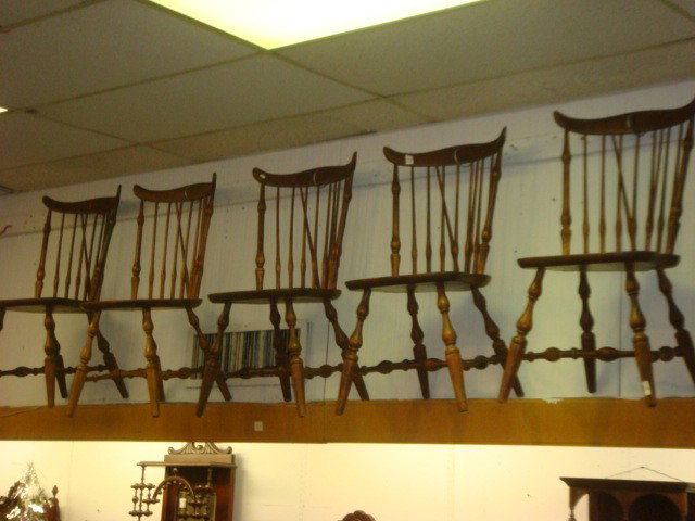 Set of Five Windsor Brace Back Chairs:: Five Windsor Style Brace Back Dining Chairs: Brace Back Chairs in Cherry with Spindle Backs, Turned H Stretcher. Worn Finish. (100-200)