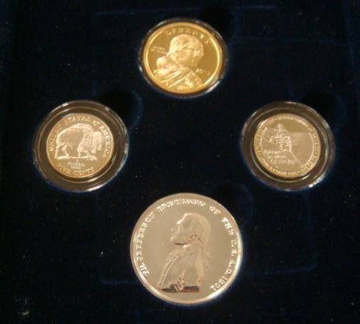 2005 JEFFERSON COMMEMORATIVE COIN SET: 2005 JEFFERSON COMMEMORATIVE COIN SET: SACAGAWIA Golden Dollar Coin with Jefferson Buffalo and Ocean view Nickels. Special President Thomas Jefferson "Peace and Friendship" Coin Included. Mint Coins i
