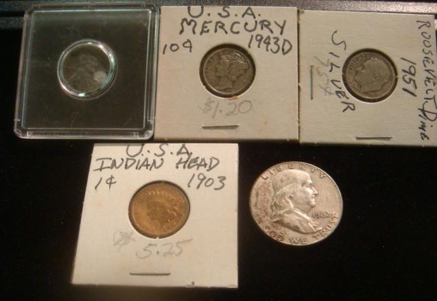 Various US Silver and Historic Coins:: Various US Silver and Historic Coins: 1962 Franklin Half dollar, 1943D Mercury Dime and 1951 Roosevelt Dime 90 % Silver. World War II Steel Penny, and 1903 Indianhead Cent. (30-60)