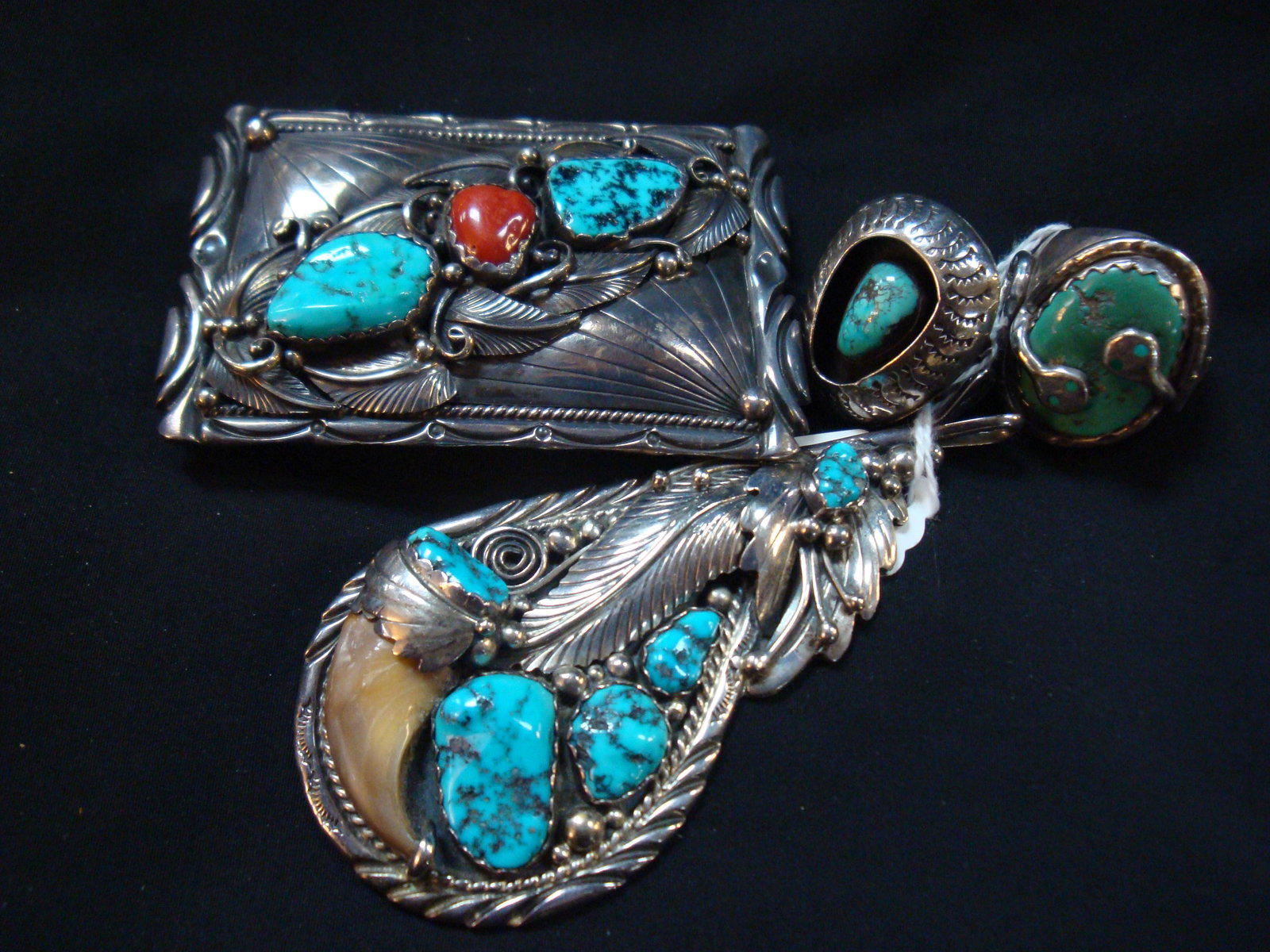 Native American Pendant, Belt Buckle & Rings:: Native American Pendant, Belt Buckle & Rings: Teardrop Pendant With Bear Claw, Feathers and Irregular Turquoise Stones is 3 3/4" Long With Bale. Sterling 3" wide Buckle, Inscribed ERS 4096 With Turquo