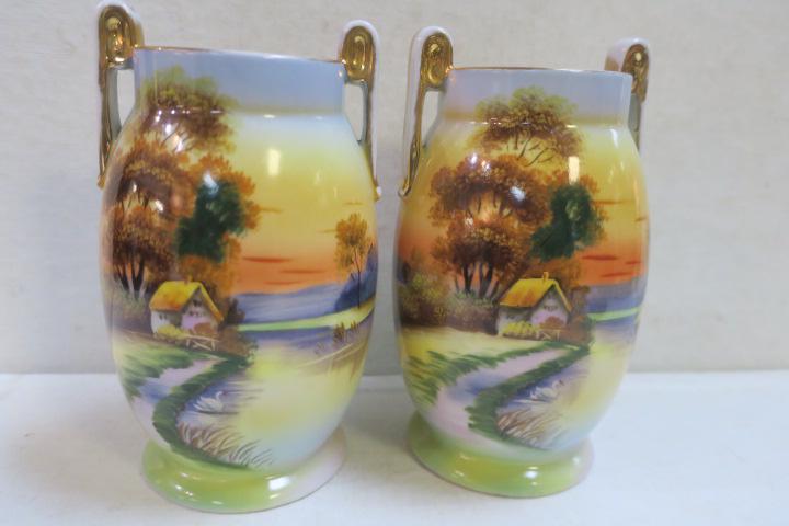 Pair of Handpainted NIPPON "Tree in Meadow" Vases:: Pair of Handpainted NIPPON "Tree in Meadow" Vases: Tree in the Meadow Pattern. House on Pond with Tall Tree, Swan in Pond. Red Noritake Morimura M in Wreath Handpainted Japan on Bottom. CA 1920's-1940
