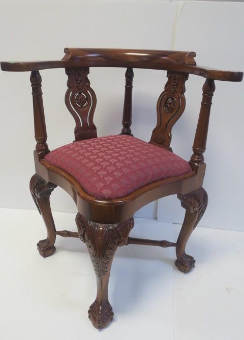 Chippendale Style Mahogany Curved Corner Chair:: Chippendale Style Mahogany Curved Corner Chair: Open Carved Splats Support Roundabout Back. Shaped Burgundy Upholstered Seat Supported on 4 Cabriole Legs with Carved Knees on Large Ball and Claw Feet.