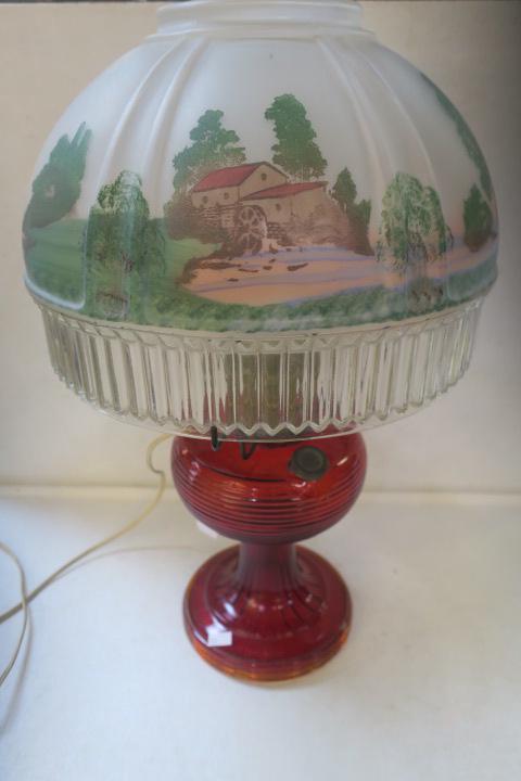 Vintage ALADDIN Ruby Glass Electrified Oil Lamp:: Vintage ALADDIN Ruby Glass Electrified Oil Lamp: Beehive Pattern. Ruby Glass with Amber Glass at Base. 12 1/2"T Aladdin Glass Chimney. 12"T to Top of Burner. Reverse Painted Frosted and Clear Glass Sh
