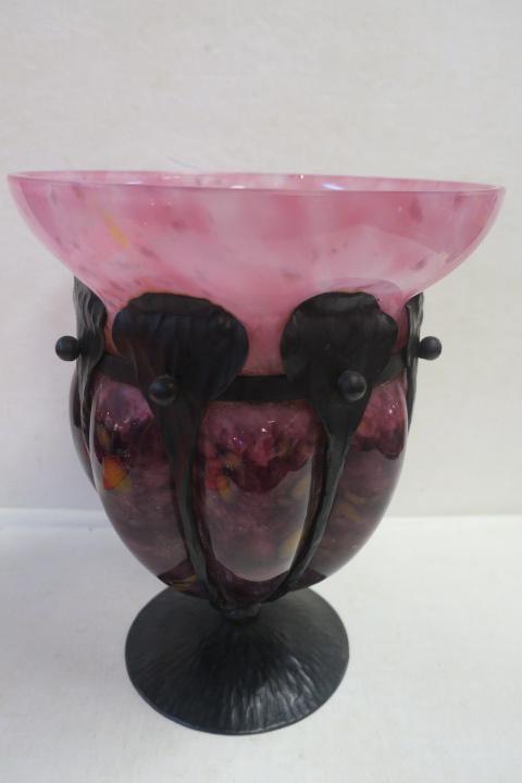 CHARLES SCHNEIDER French Bubble Glass and Iron Vase:: CHARLES SCHNEIDER French Bubble Glass and Iron Vase: Schneider (1881-1953) was Born in Chateau-Thierry France. Creator of "Le Verre Francais" Along with his Brother. Vase Blown into Wrought Iron Desig