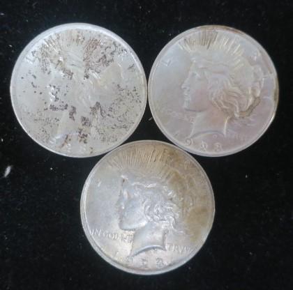 Three 1923 Mint Condition 90% Silver PEACE Dollars:: Three 1923 Mint Condition 90% Silver PEACE Dollars: One is Very Nice with Original Mint Luster, Graded MS65. Others are MS 60 with Some Toning and Bag Marks. (200-300)
