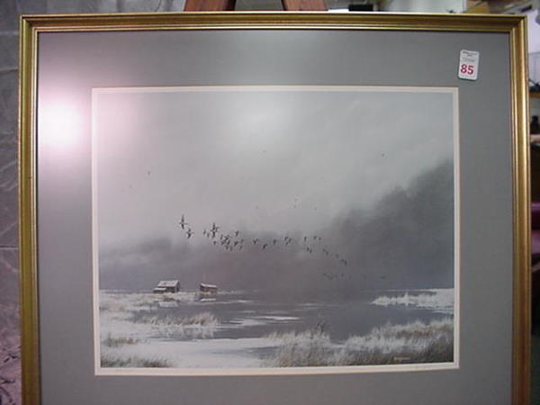 HERB JONES Signed and Numbered Print: HERB JONES Signed and Numbered Print: Signed Lower Right, Edition of 1500. Ducks in Flight Over Sandy Marsh in Grays. 18 1/2" X 15" with Single Mat in Narrow Gold Frame. Deceased Virginia Artist. For
