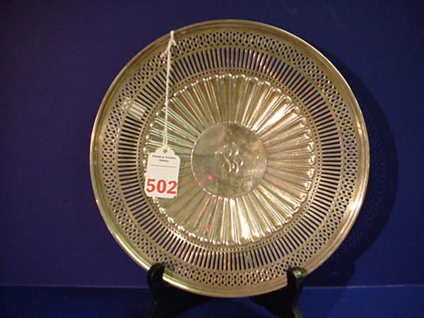 Sterling Pierced Rim Serving Tray: Sterling Pierced Rim Serving Tray: 9 1/2"D. Footed Tray has Double Pierced Edge, Monogrammed Center. Made by Wallace Silversmiths.