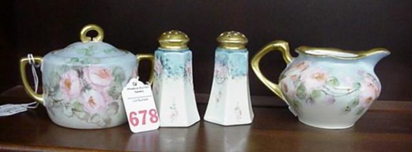 Artist Signed Creamer, Sugar, Salt and Pepper: Artist Signed Creamer, Sugar, Salt and Pepper: Sugar is Moritz Zdekauer Ca. 1900, Creamer is Reinhold Schlegelmilch RS Germany Ca. 1917-1945, Salt and Pepper is Oscar and Edgar Gutherz Ca. 1899-1918.