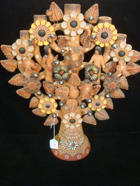 Five Arm Mexican Clay Story Book Candelabra:: Five Arm Mexican Clay Story Book Candelabra: Features Adam and Eve Story with Snake, Birds and Flowers in Apple Tree. Hand Painted. 19"T. (100-200)