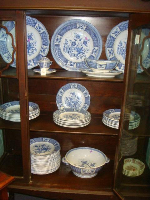 SARREGUEMINES Decor La Fayette French Dinnerware:: SARREGUEMINES Decor La Fayette French Dinnerware: 54 Pieces of Blue and White China. Includes Dinner Plates, Shallow Bowls, Berry Bowls (Some in Red Transfer), Gravy Boat, Mustard Jar, Open Vegetable,