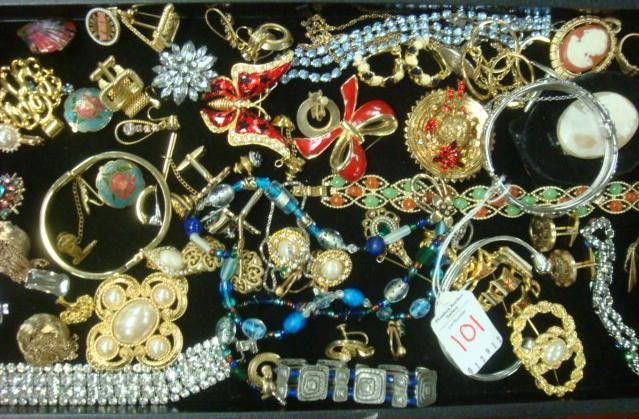 Assorted Men's/Women's Costume Jewelry: Assorted Men's/Women's Costume Jewelry: Includes Clip Earrings, L&R Lapel Pin, Nelson Wristwatch, Silver and Gold Tone Cufflinks, Cameo Pins, Rhinestone Bracelets, Beaded Necklace, Bangle and Link Bra